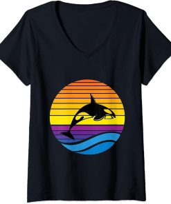 Womens Vintage Orca Sunset Retro Sun Colorful Silhouette Sea Wave V-Neck T-Shirt