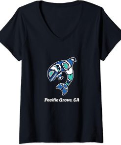 Womens Pacific Grove CA Native American Tribal Orca Killer Whale V-Neck T-Shirt