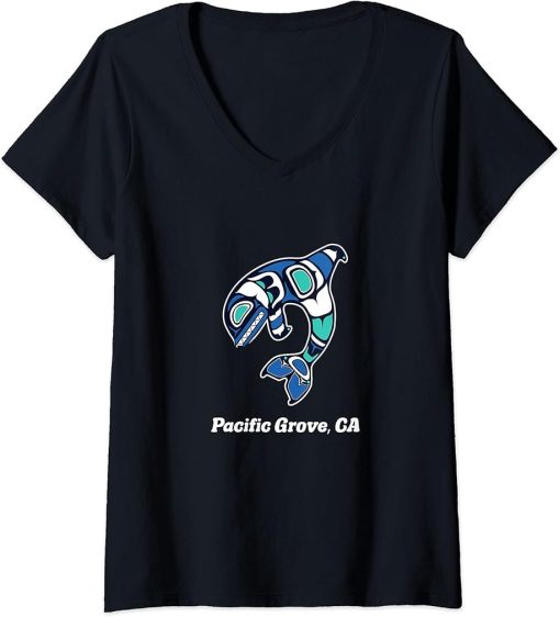 Womens Pacific Grove CA Native American Tribal Orca Killer Whale V-Neck T-Shirt