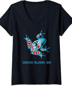 Womens Orcas Island Washington Frog PNW Indian Art Native American V-Neck T-Shirt