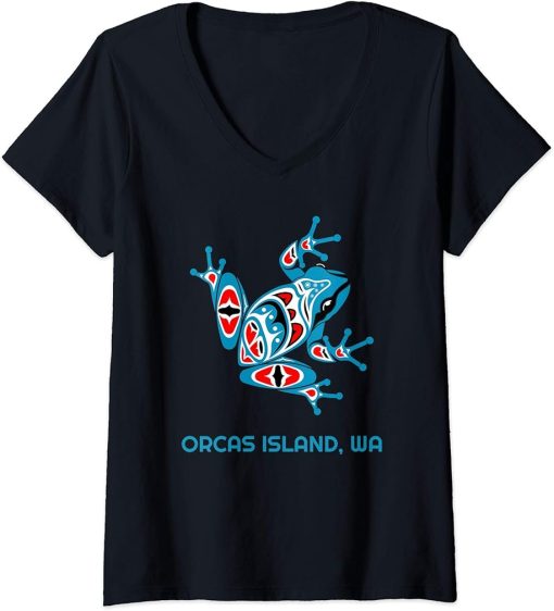 Womens Orcas Island Washington Frog PNW Indian Art Native American V-Neck T-Shirt