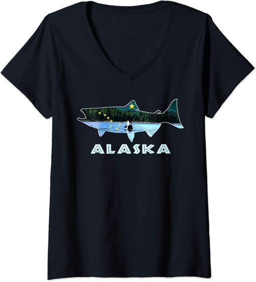 Womens Alaska King Salmon Fishing Vacation State Flag Orca Gift V-Neck T-Shirt